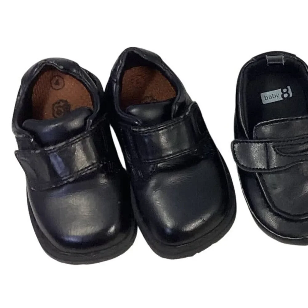 2 Pairs of Baby Boy Size 4 Black Formal Shiny Faux Leather Shoes Baby 8 & Toes